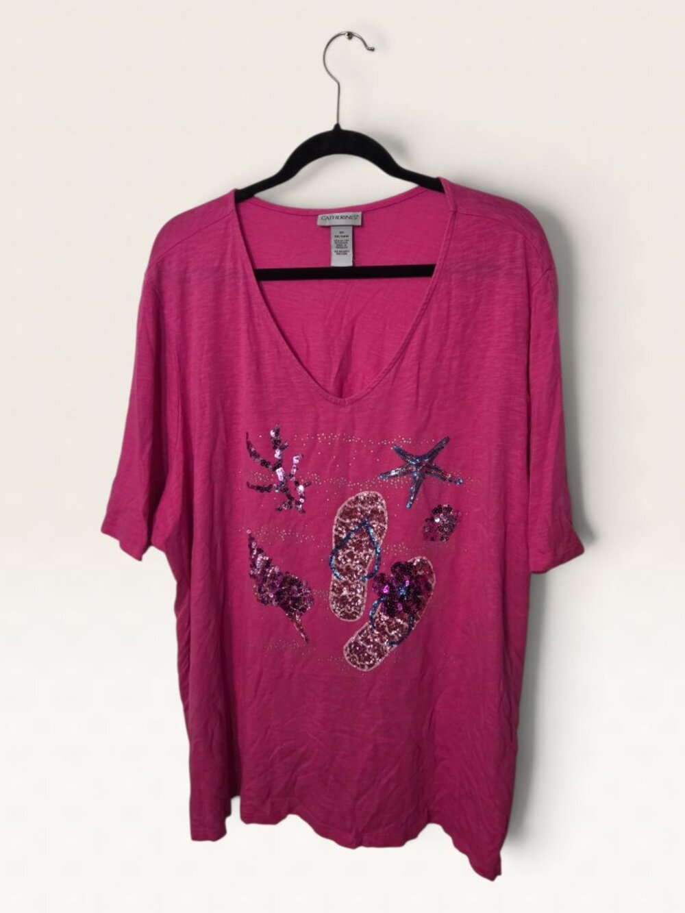 Catherines Sequin Flip Flop Beach T Shirt Womens 3X 26W 28W Hot Pink V Neck Tee